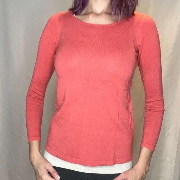 Old Navy 3/4 Length Sleeve Pullover Sweater Salmon Coral Small S SM Scoop Crew - Picture 1 of 11